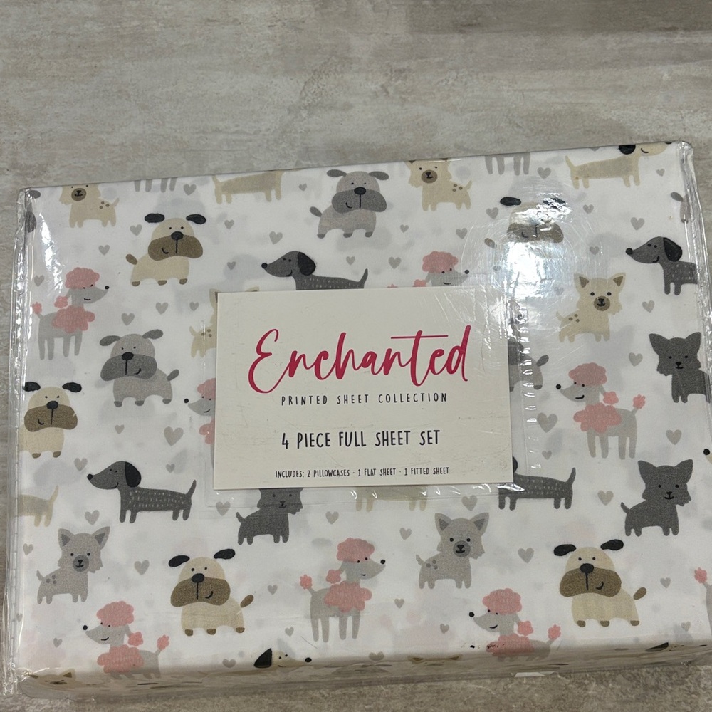 NWOT Enchanted Kids Dog Print Sheet Set - White, Gray, Pink